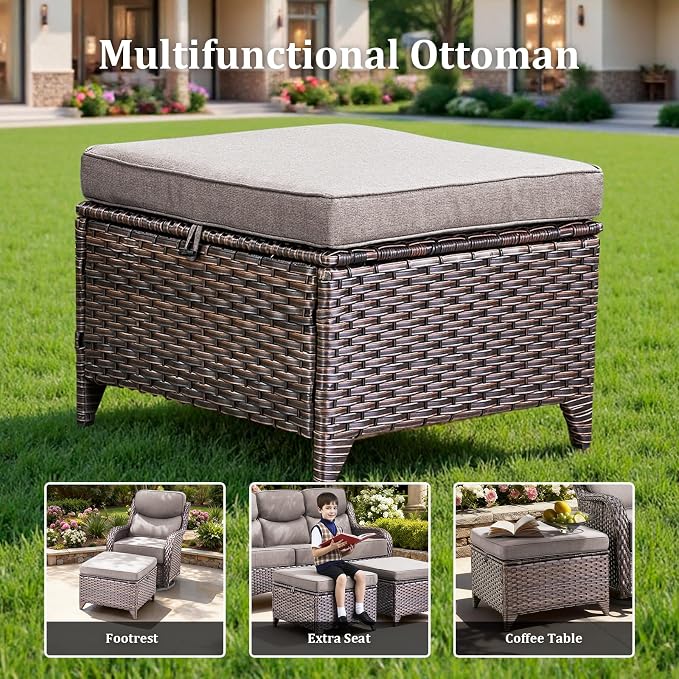 Luxury Patio Furniture Set with 42.5" Fire Pit Table, 10 Pieces High Back All Weather Wicker Outdoor Furniture w/ 6-Inch Thick Cushions, Patio Swivel Chairs Couch for Deck Balcony Backyard Brown/Grey