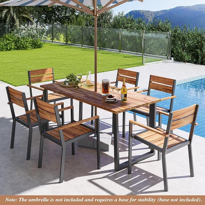 Tangkula 7 Pieces Patented Wood Outdoor Dining Set with Umbrella Hole, Heavy Duty Acacia Armrest Chairs and Rectangle Table Set for 6, Suitable for Deck Lawn Garden Poolside and Backyard