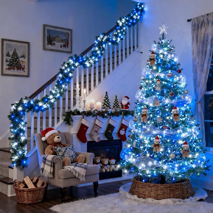 JMEXSUSS Connectable 100 LED Blue and White Christmas Lights with 8 Modes | Twinkle String Lights Indoor, Clear Wire Plug-in Christmas String Lights Outdoor Waterproof for Christmas Decor