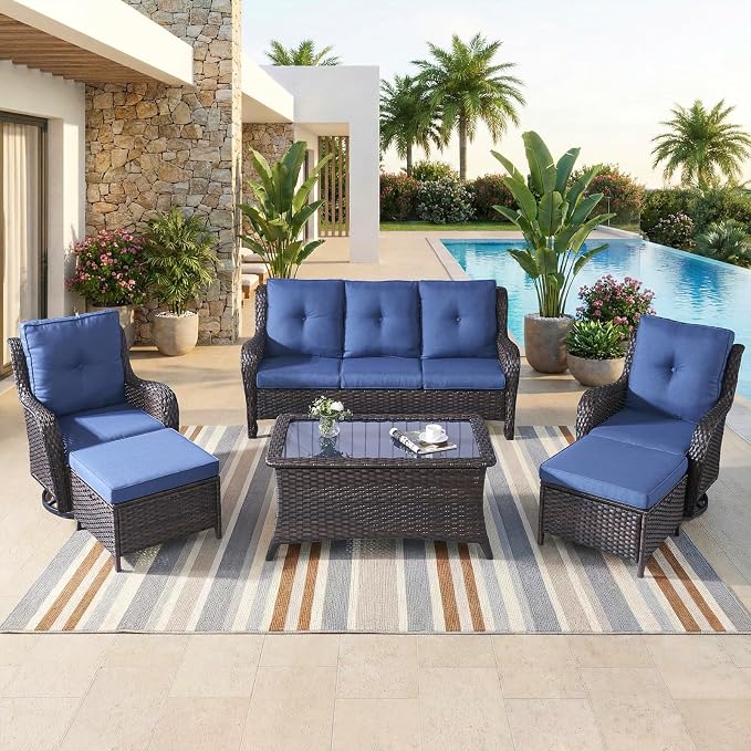 6 Piece High Back Patio Furniture Set - All Weather Patio Conversation Set with 4 Inch Thick Cushions and Deep Seating Swivel Glider Chairs & Outdoor Couch for Porch Deck Yard Pool Brown Blue