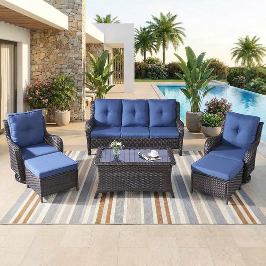 6 Piece High Back Patio Furniture Set - All Weather Patio Conversation Set with 4 Inch Thick Cushions and Deep Seating Swivel Glider Chairs & Outdoor Couch for Porch Deck Yard Pool Brown Blue
