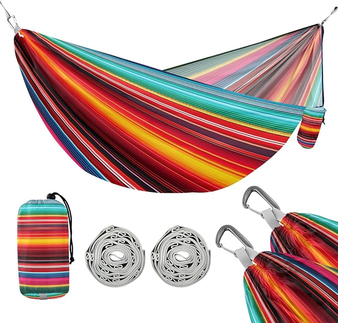 Mexican Serape Blanket Stripes Camping Hammock, Portable Lightweight Single Hammock with Tree Straps and Aluminum Carabiners, 114" x 54" Travel Hammock for Hiking Backpacking Beach