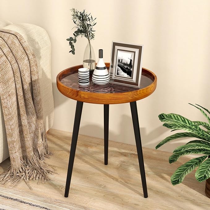 Giantex Outdoor Side Table, Round End Table with Epoxy Resin Finish, Sea Shell Decoration, Mahogany Wood Frame, Tray Top, Patio Side Table for Living Room, Pool, Yard, Porch (Brown, 16” x 16” x 19.5”)