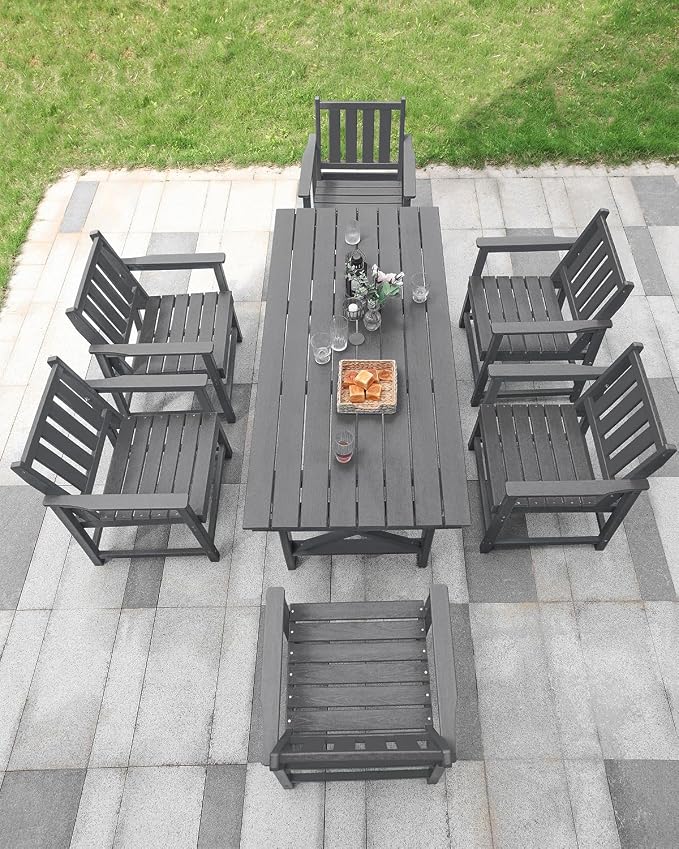 7 Pieces HDPE Outdoor Dining Set, Patio Dining Set with Umbrella Hole, All Weather Outdoor Dining Table Sets for 6, HDPE Patio Furniture Sets for Deck, Backyard, Lawn, and Poolside, Smoke Gray