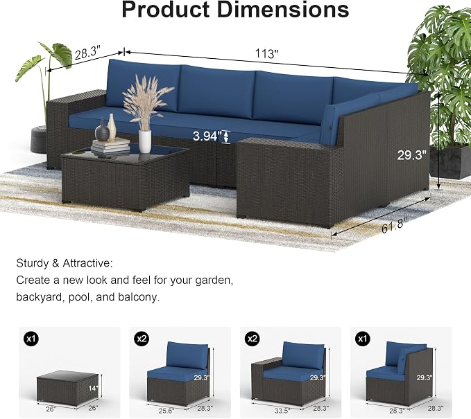 Patio Furniture Set, 7PCS Patio Sectional w/ Fire Pit Tabel Ottoman Wicker Rattan Outdoor Furniture with Thickened Cushion Modular Wicker Patio Conversation Set with Glass Top Table for Balcony(Blue)