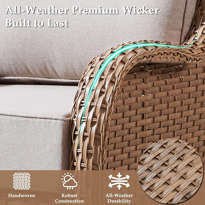 Luxury High Back Patio Furniture Set with 6-Inch Thick Cushions, 5-Pieces Outdoor Furniture with Swivel Chairs Fire Pit, Wicker Conversation Set for Porch, Balcony, Deck and Yard, Yellow/Beige