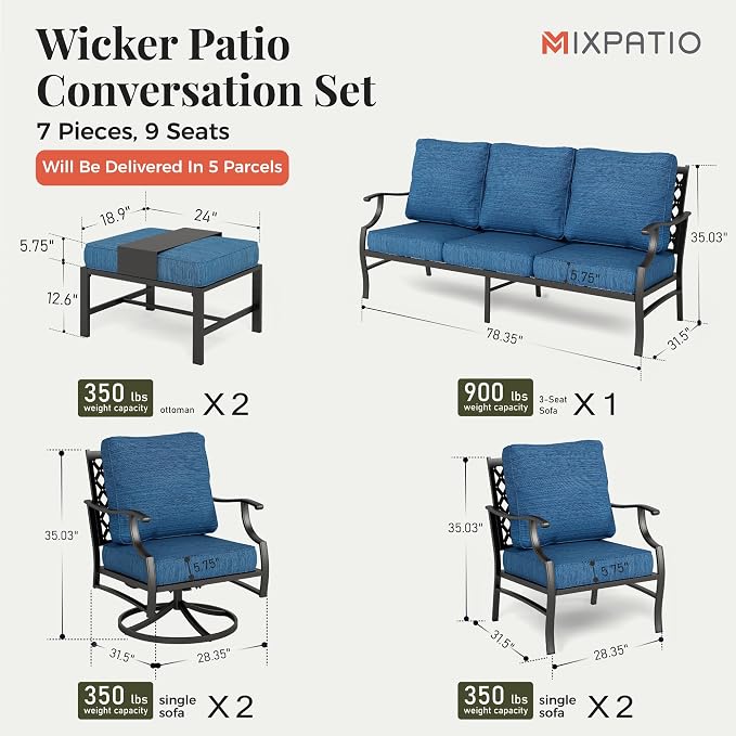MIXPATIO Patio Furniture Set 7 pcs, Outdoor Patio Furniture, 3-Seat Sofa, 2 Swivel Chairs, 2 Single Chairs, 2 Ottomans and 5.75" Extra Thick Cushion, Conversation Set for Deck,Gemstone Blue