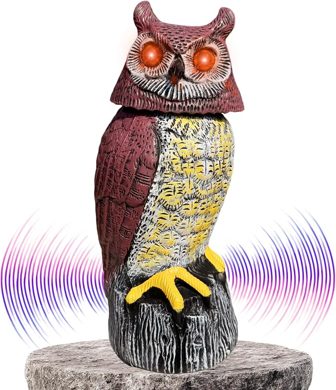 Solar Owl Guard with Motion Detector, Flashing Eyes, Spinning Head, Realistic Hooting and Silent Mode, Garden Owl, Outdoor Statue, Decoration for Home, Garden, Patio and Fence