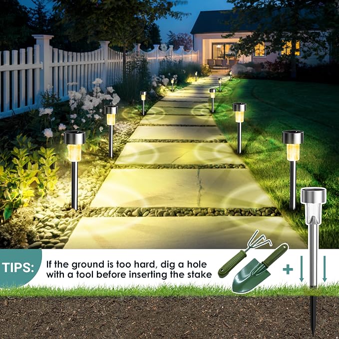 GIGALUMI Outdoor Waterproof Solar Garden Lights, 12 Pack Warm White | Stainless Steel LED, Warm White Glow, Ideal for Patio Lawn Yard Landscape, Garden & Patio Decor
