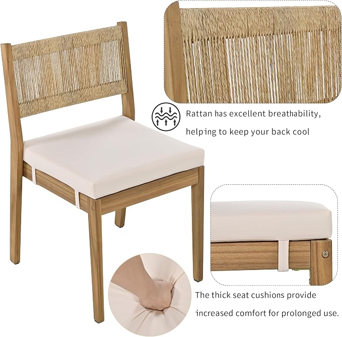 VilroCaz 5 Pieces Patio Dining Set, Acacia Wood Dining Table and Chair Set, All-Weather Outdoor Conversation Set Gathering Set with Thick Cushions for Garden Backyard Balcony (Beige+Acacia5)