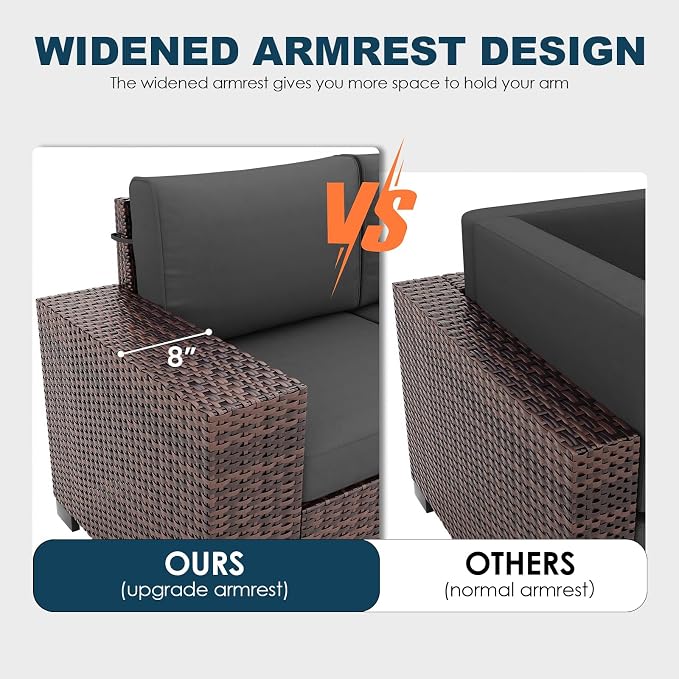 Patio Furniture Set with Fire Pit Table, 7 Piece Outdoor Sectional Conversation Sets Wicker Rattan Sectional Sofa with Coffee Table for Patio Garden Backyard, 4'' Thickened Cushion Dark Grey