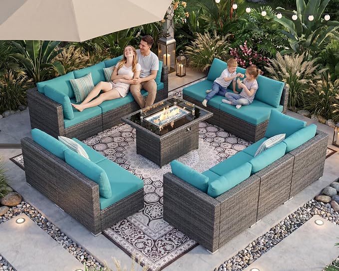 BULEXYARD 11 Piece High Back Outdoor Patio Set with Firepit, Extra Large Backyard Furniture Sectional Couch 10-Seater Modular, XL Big Wide Deep Outside Seating Area for Exterior, Grey & Turquoise