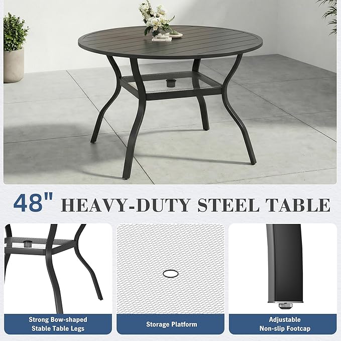 HOMREST 48" Outdoor Round Patio Table for Lawn Garden, All Weather Metal Round Patio Dining Table with Adjustable Umbrella Hole, 6 Person Patio Table, Black Tabletop