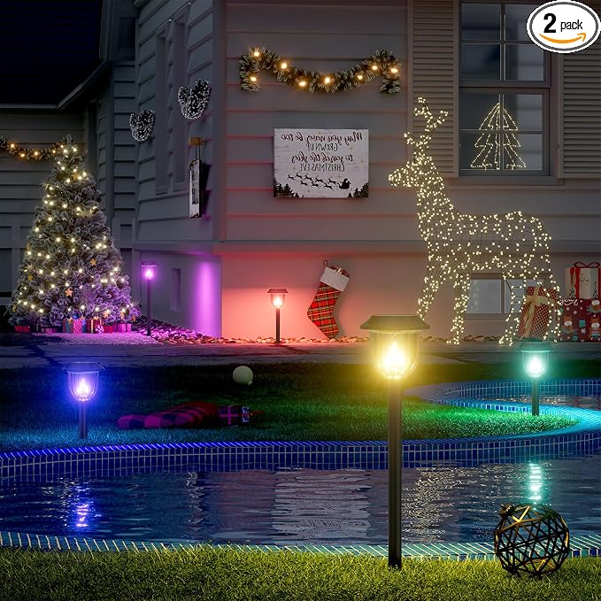 AOSEA 2 Pack Solar Pathway Lights Outdoor Waterproof - Auto RGB Color Changing Solar Lights, IP65, 12H Bright, Durable Plastic - Perfect Christmas Decor for Garden & Walkway【RGB Flash Mode Only】