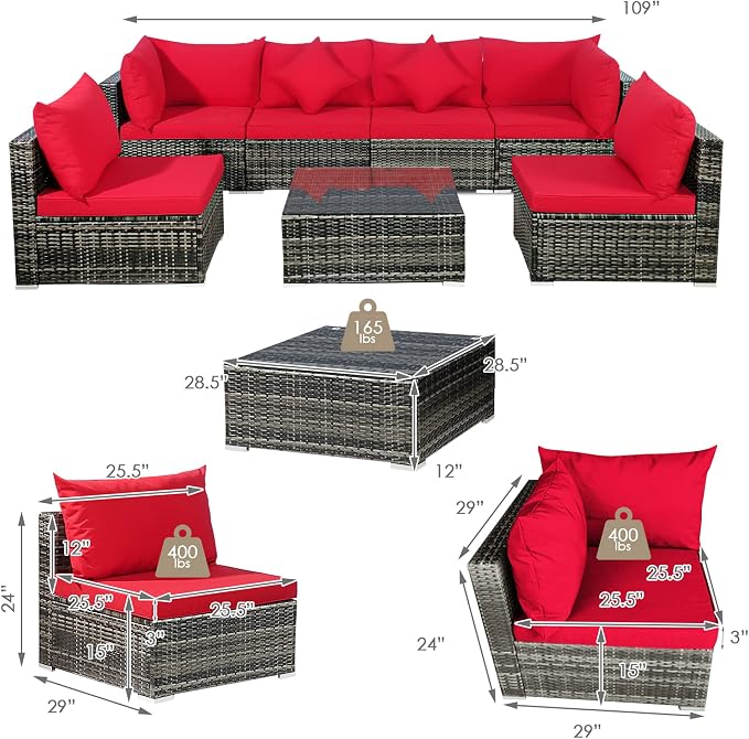 DORTALA 7Pieces PE Rattan Patio Furniture Set, All-Weather Wicker Conversation Set W/Soft Cushions & Pillows, Functional Coffee Table, Outdoor Sectional Sofa Set for Balcony, Poolside, Backyard, Red