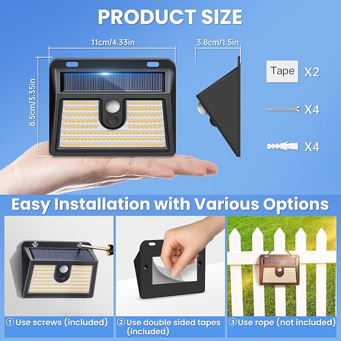 [2 Packs] Solar Motion Sensor Outdoor Lights, Super Bright Solar Lights Outdoor Waterproof, 3 Lighting Modes Security Wall Light for Outside Walking Dog Fence Backyard Deck Garden Door Step Garage