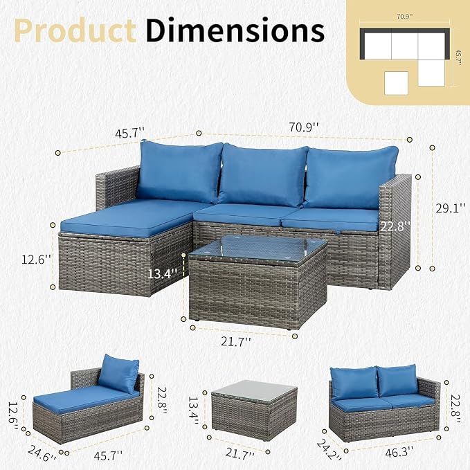 JAMFLY 3-Piece Outdoor Sectional Sofa Set with Glass Coffee Table, All-Weather PE Wicker Patio Furniture with Thick Cushions, Modular Conversation Set for Small Balcony, Deck & Porch, Blue