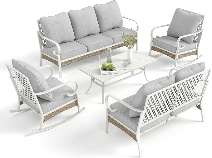 MIXPATIO 5 Piece Patio Furniture Set, 2 x Rocking Chair, 1 x 2-Seat Sofa, 1 x 3-Seat Sofa with Marbling Coffee Table, 7 Seats Outdoor Conversation Set for Lawn Garden Backyard, Light Gray