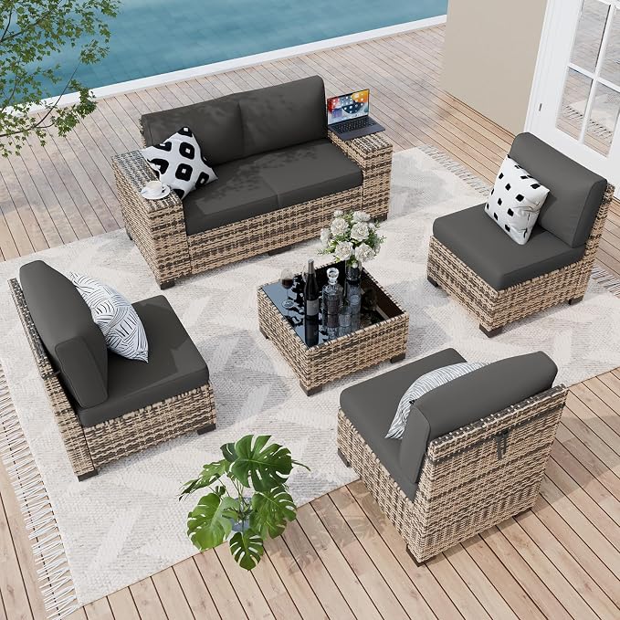 Amopatio 6 Piece Patio Furniture Set with 8" Armrest & 4" Thiken Cushion, Outdoor Wicker Rattan Sectional Sofa Conversation Set for Backyard, Garden, Poolside(Grey Cushion)