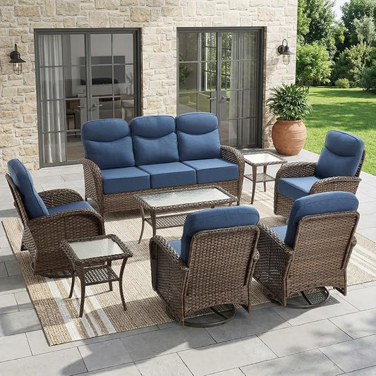 8-Piece Patio Furniture Set with Upgraded 6" Thick Cushion - High Back Outdoor Swivel Rocker Chairs with 3-Seater Sofa, Coffee Table,Wicker Outdoor Conversation Set for Deck, Porch, Yard, Poolside