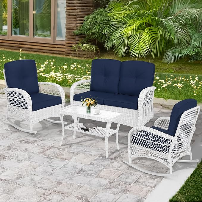 MEETWARM 4 Pieces Outdoor Wicker Patio Conversation Sets with Glider Loveseat, 2 Chairs with Coffee Table Wicker Rocking Chair Set, Patio Furniture Set with Thickened Cushions, White/Navy
