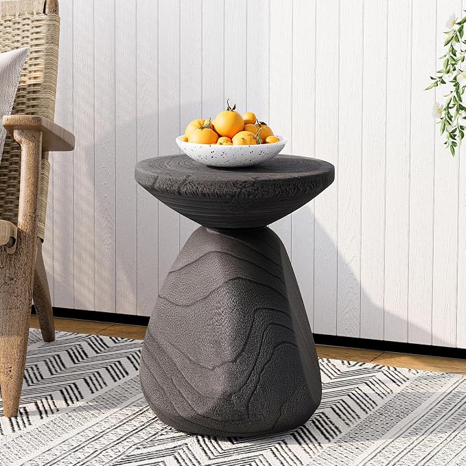 SUNBURY Outdoor Side Table, 14" Small Outdoor End Table, Patio Side Tables w Tree Ring, Round Concrete Side Tables, Garden Stool Plant Stand for Front Porch, Pool (Grey)