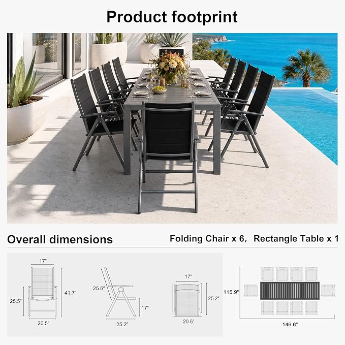 PURPLE LEAF Outdoor Dining Set for 11 Folding Patio Dining Set with Aluminum Rectangular Table and Padded Chairs All Weather Dining Table Sets for Garden Backyard Poolside, Black
