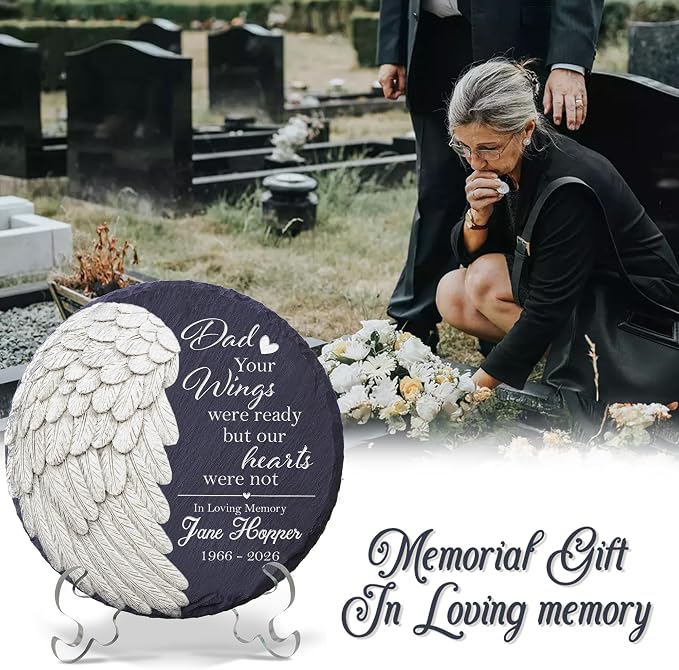 Custom Memorial Garden Stone for Loss of Loved One, Angel Wing Garden Stones in Memory of Dad Mom, Sympathy Gift Fathers Day, Weatherproof Outdoor Memorial Plaque Stones, Remembrance Natural Stone