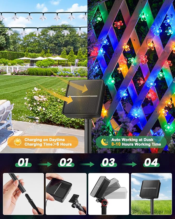 Brightown 60 LED Flower Solar String Lights Outdoor Waterproof Fairy Lights | 8 Lighting Modes & Waterproof Outdoor Lights for Garden Yard Fence Patio Christmas Tree Wedding Party Decor, Multicolor