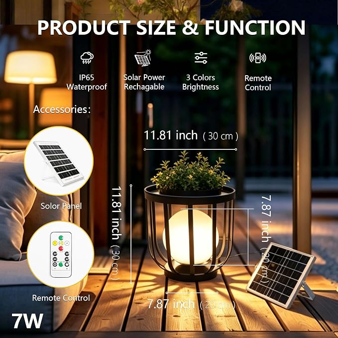 Solar LED Outdoor Side Table 2-Pack, Built-in Glowing Sphere, Remote Control & Detachable Solar Panel,Waterproof Rustproof Metal Floor Lamp for Patio Garden Balcony