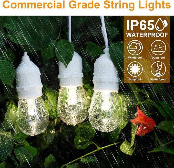 96FT (2x48FT) LED Dimmable Outdoor String Lights, Patio String Lights Waterproof, Commercial Grade&Shatterproof, 4000K Natural White, White Cords, 15 Hanging Sockets String for Backyard, Gazebo