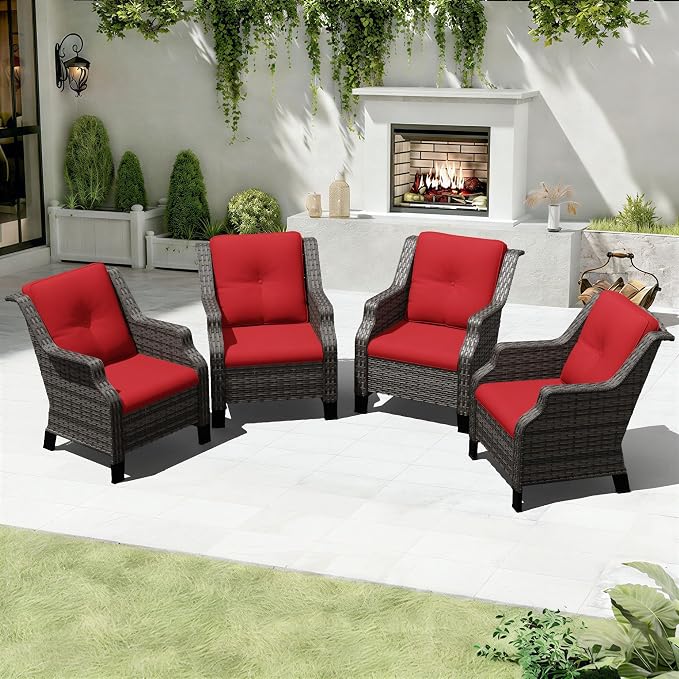 Outdoor Patio Chairs Set of 4, Wicker Patio Furniture with Thick Cushions, Curved Armrest, Deep Seating, Rattan Outdoor Chairs for Porch, Deck, Balcony