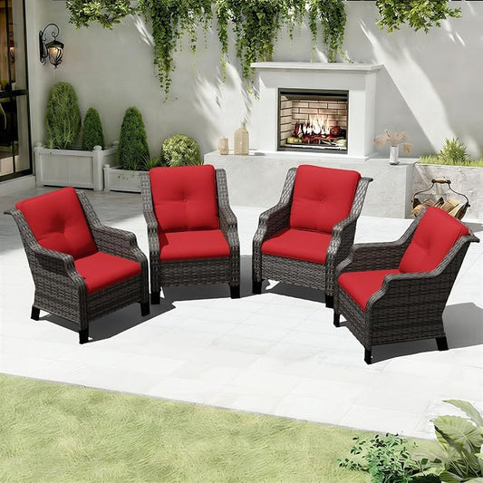 Outdoor Patio Chairs Set of 4, Wicker Patio Furniture with Thick Cushions, Curved Armrest, Deep Seating, Rattan Outdoor Chairs for Porch, Deck, Balcony