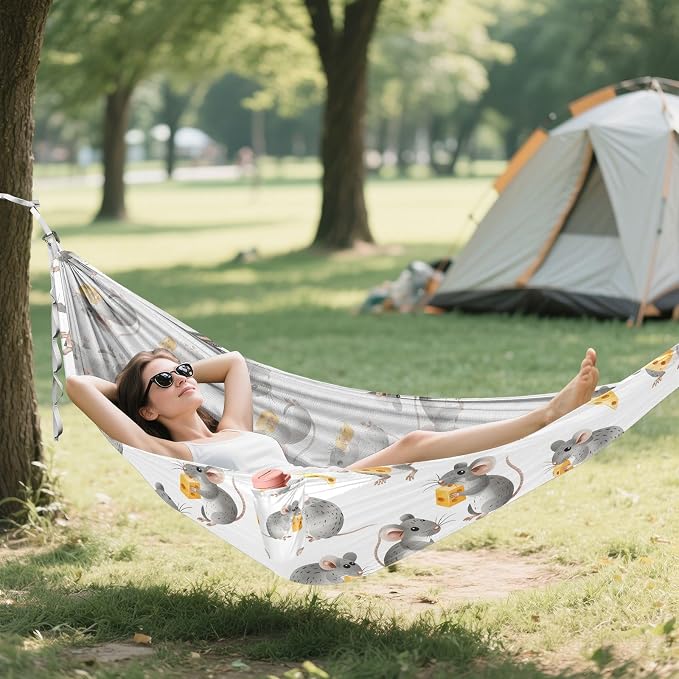 Camping Hammock Outdoor Hammocks for Outside Cute Mousewith Cheese Beach Trees Portable Lightweight with Pockets Tree Straps Indoor Small