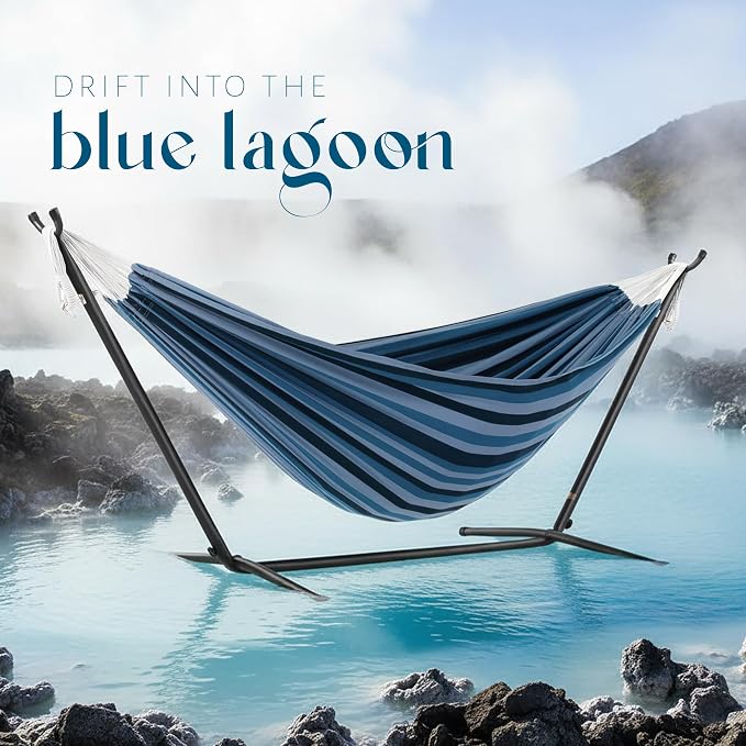 Vivere Double Cotton Hammock with Space Saving Steel Stand, Upgraded Polyester End Strings 450 lb Capacity - Premium Carry Bag Included - USA Grown Cotton (Blue Lagoon)