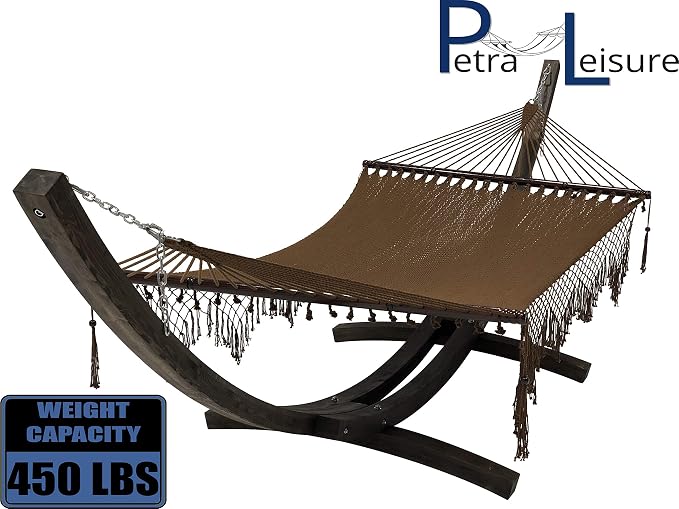 14 Ft. Wooden Arc Hammock Stand + Deluxe Hand Woven Bohemian Chic Rope Hammock Bed. 2 Person Bed. 450 LB Capacity(Coffee Stain/Brown)