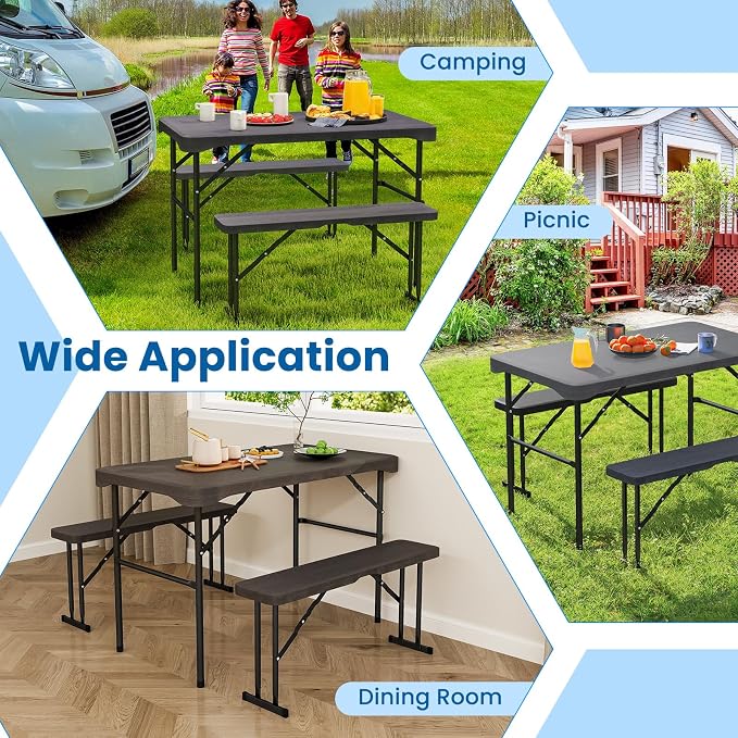 Tangkula Picnic Table with 2 Benches, 3 Piece Folding Picnic Table Set with HDPE Tabletop, Sturdy Metal Frame, 4 Person Plastic Folding Table for Indoor Outdoor Use (Black)