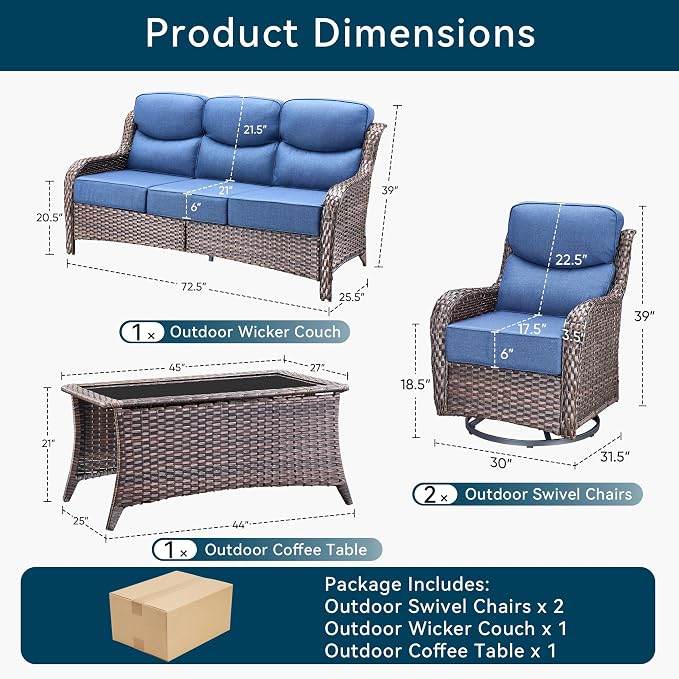 Luxury 4 Pieces Patio Furniture Set-Outdoor Swivel Rocker Patio Chairs with 6" Extra Thick Cushions, High Back Outdoor Couch and Coffee Table, Wicker Conversation Sets for Porch Deck(Brown/Blue)