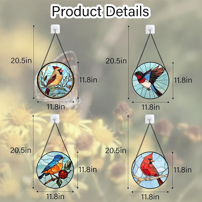 Stained Glass Window Hanging 4 Pcs Set Cardinal Blue Birds Large 11.8" - Suncatcher Door Garden Sun Catcher Decor Birthday Mother's Day for Bird Lovers Men Woman Nana Friend