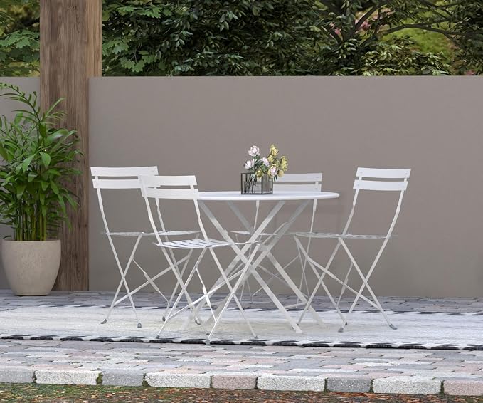 Carolina Chair & Table Round Folding Outdoor Bistro Table with 2" Umbrella Hole - Space Saving Fold Flat Design, Powder Coated Steel Patio Dining Table - Weather Resistant Garden Furniture(White,36")
