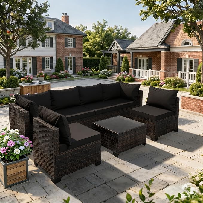 WWR Patio Furniture Set - All-Weather,Water-Resistant - 7 Piece Patio Wicker Rattan Sectional Sofa, Modular Outdoor Conversation Set for Backyard, Garden, Poolside, Balcony, Brown/Black