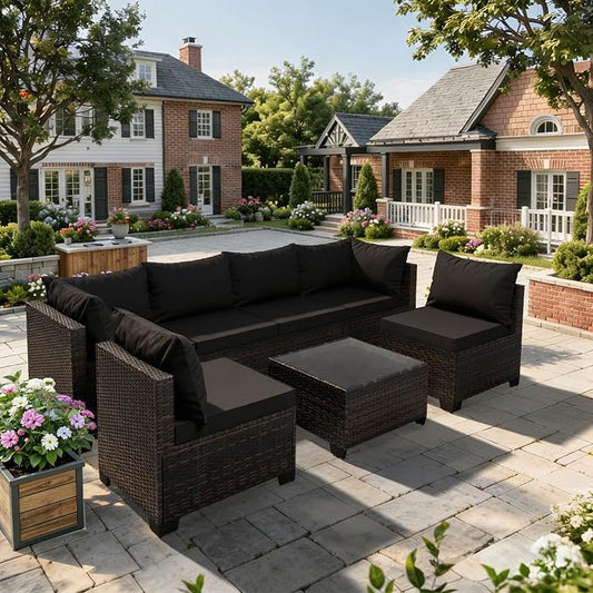 WWR Patio Furniture Set - All-Weather,Water-Resistant - 7 Piece Patio Wicker Rattan Sectional Sofa, Modular Outdoor Conversation Set for Backyard, Garden, Poolside, Balcony, Brown/Black