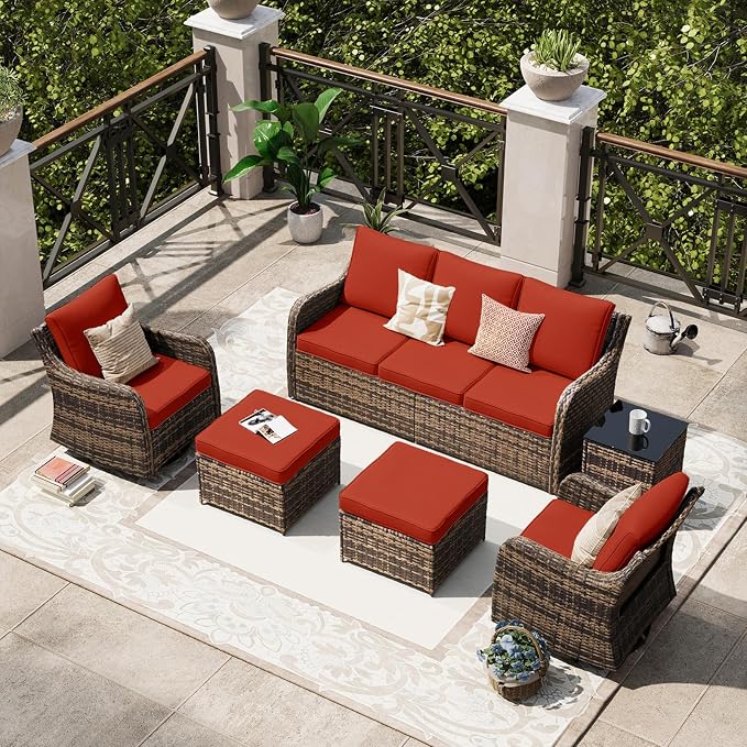 MEISSALIVVE Patio Furniture Set with Swivel Rocking Chairs, 6 Pieces Patio Conversation Set, Outdoor Wicker Sofa Couch with Waterproof Cushions for Lawn Backyard Porch (Red)