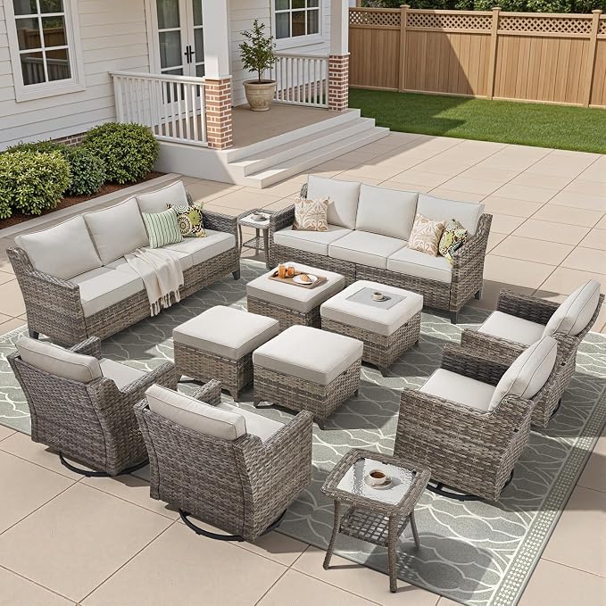 12 Piece Patio Furniture Set-High Back Outdoor Furniture Set Sectional Sofa with Wicker Swivel Patio Chairs,Comfy Cushions Ottomans for Porch Balcony Patio Deck Grey/Beige