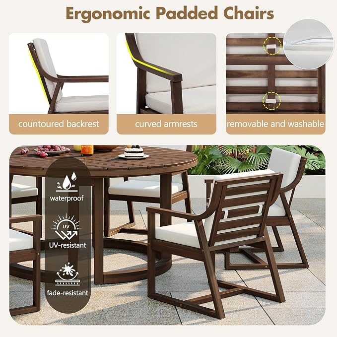 7-Piece Outdoor Dining Set, 59" Round Table with Umbrella Hole and 6 Padded Chairs, Rustic Patio Furniture Set for Garden Backyard Family Gatherings (Mocha-R1)