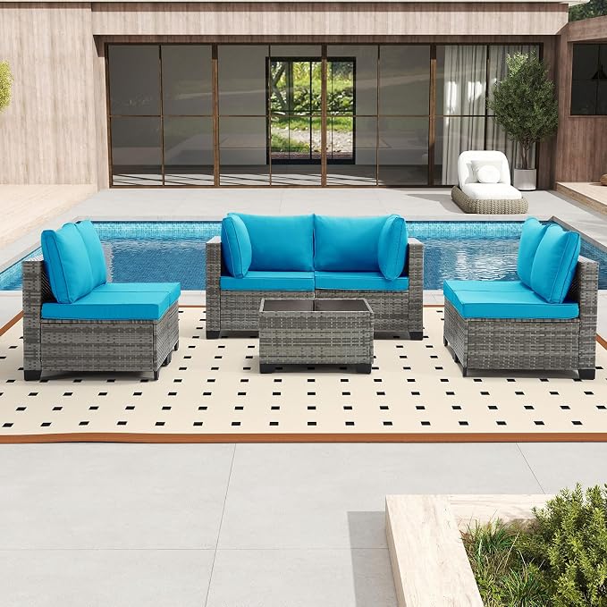 Bonzy Home 7 Pieces Outdoor Patio Furniture Set, PE Rattan Outdoor Sectional Furniture Sofa Set with Removable Cover and Glass Coffee Table, Patio Sofa for Balcony, Porch, Garden, (Grey-Turk Blue)