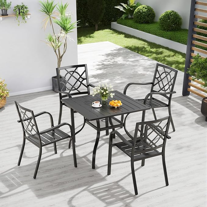 Oakcloud 5-Piece Patio Dining Set, Outdoor Metal Furniture Dining Table Set 4 Stackable Patio Dining Chairs and Square Dining Table with Umbrella Hole, Black