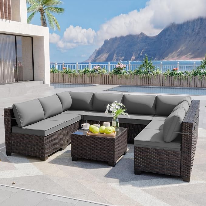 ALAULM 9 Pieces Patio Furniture Set Wicker Patio Conversation Set, Outdoor Sectional Furniture w/Coffee Table & Washable Seat Cushions-Grey