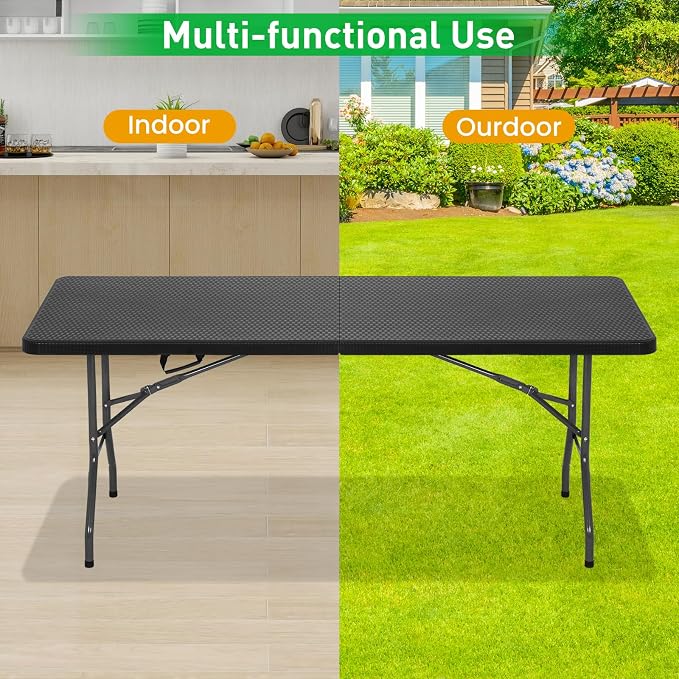Dkeli Folding Table | 6 ft Folding Picnic Table Portable | Heavy Duty Dining Table | Fold in Half with Handle and Sturdy Steel Frame for Outdoor Indoor Camping, Picnic and Party,Black