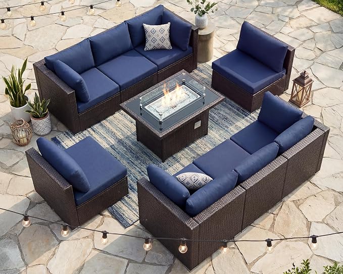 NICESOUL 9 Piece Patio Sectional Sofa Set with Fireplace Natural Gas/Propane, 29.3'' High Back Deep Seats Outdoor Conversation Couch, Extra-Large Wicker Furniture Sets, Brown Rattan and Blue Cushion